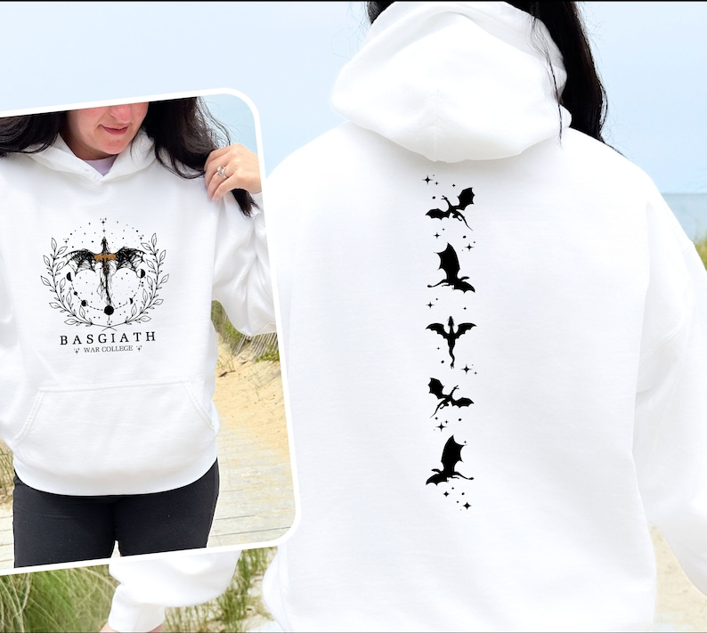 May include: White hoodie with a black dragon design on the back and a black and white dragon design on the front. The front design includes the text "BASGIATH WAR COLLEGE".