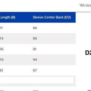 May include: A sizing chart for a long-sleeved shirt, with measurements in centimeters. The chart includes sizes S, M, L, XL, and 2XL, with corresponding width, length, and sleeve center back measurements. A diagram illustrates how the measurements are taken.