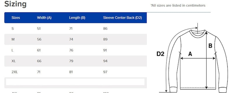 May include: A sizing chart for a long-sleeved shirt, with measurements in centimeters. The chart includes sizes S, M, L, XL, and 2XL, with corresponding width, length, and sleeve center back measurements. A diagram illustrates how the measurements are taken.