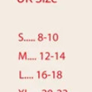 May include: A size chart with the text "UK Size" in red. The chart lists sizes S (8-10), M (12-14), L (16-18), XL (20-22), and 2XL (24-26). The text is in a sans-serif font.