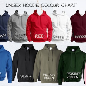 Peut inclure: Tableau des couleurs de sweat-shirt unisexe montrant 12 couleurs diff&eacute;rentes&nbsp;: gris chin&eacute; fonc&eacute;, marine, gris sport, rouge, blanc, bordeaux, sable, bleu royal, noir, vert militaire, vert for&ecirc;t et rose clair.