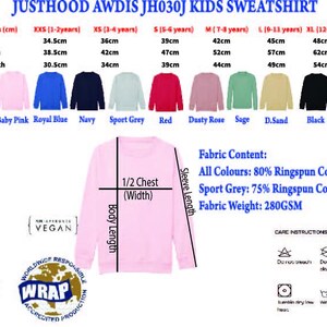 The image is a detailed size chart for a kids sweatshirt, including measurements for chest, body length, sleeve length, and more. It also displays a pink sweatshirt with the fabric content and care instructions.