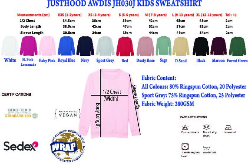 The image is a detailed size chart for a kids sweatshirt, including measurements for chest, body length, sleeve length, and more. It also displays a pink sweatshirt with the fabric content and care instructions.
