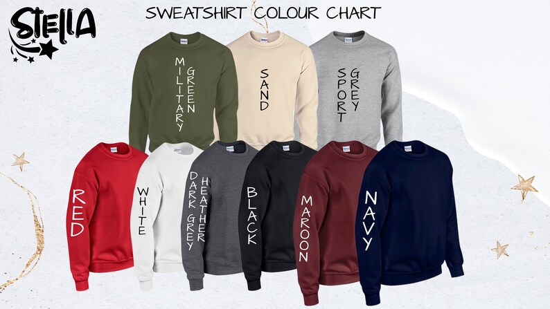 May include: A color chart of sweatshirts in various colors, including red, white, dark grey, heather grey, black, maroon, navy, sand, military green, and sport grey. The color names are printed vertically on the sleeves of each sweatshirt.