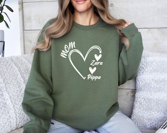 Custom Mom Heart Sweatshirt, Personalized Mama Jumper, Grandma Gift