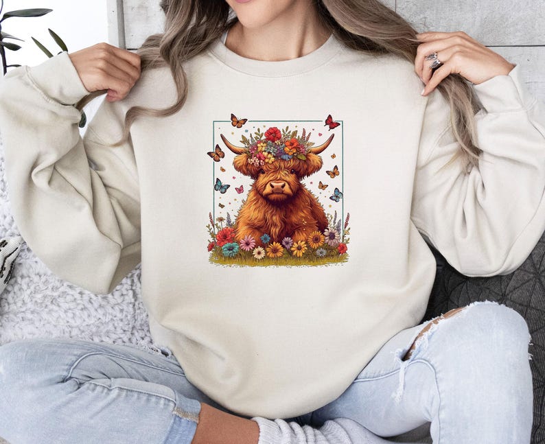 Sudadera de vaca de las Tierras Altas, suéter divertido de vaca, top de animales de granja, regalo para amantes de los animales, sudadera con animales, jersey de mariposas, regalos de vaca de las Tierras Altas imagen 2