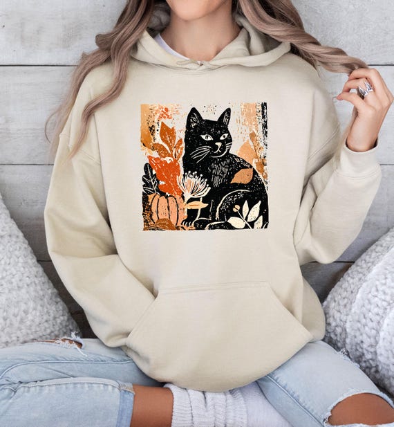 Fall Black Cat Hoodie,  Boho Pumpkin Hoodie, Boho Floral Fall Top, Halloween Cat Hoodie,  Black Cat Mama, Halloween Party, Autumn Vibes Top