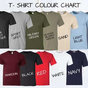 May include: T-shirt color chart showing 11 different colors: dark grey heather, sport grey, military green, heather military green, sand, light blue, heather navy, maroon, black, red, white, and navy.