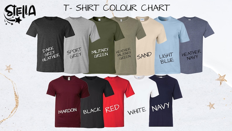 May include: T-shirt color chart showing 11 different colors: dark grey heather, sport grey, military green, heather military green, sand, light blue, heather navy, maroon, black, red, white, and navy.
