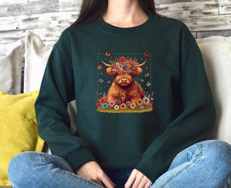 Sudadera de vaca de las Tierras Altas, suéter divertido de vaca, top de animales de granja, regalo para amantes de los animales, sudadera con animales, jersey de mariposas, regalos de vaca de las Tierras Altas imagen 5