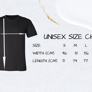 May include: Unisex size chart for a t-shirt, showing width and length measurements in centimeters for sizes S, M, L, XL, and 2XL.