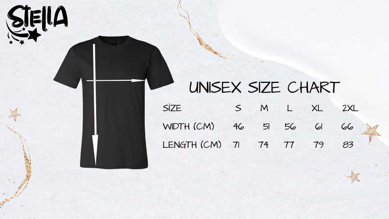 May include: Unisex size chart for a t-shirt, showing width and length measurements in centimeters for sizes S, M, L, XL, and 2XL.