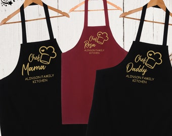 Matching head chef sous chef family aprons with names, Mum, Dad, Son and Daughter Aprons, Cute Christmas Mother Gift