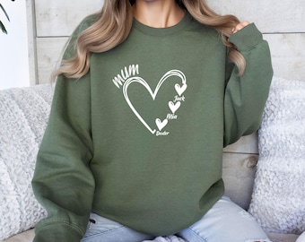 Sudadera con corazón de mamá, jersey personalizado para mamá, regalo para futura mamá, regalos para abuela, suéter para niñera, regalo para el Día de la Madre, regalo de cumpleaños para mamá, top para mamá
