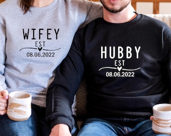 Personalised Wifey Hubby With Date Sweatshirt, Wedding Anniversary, Couple Newlywed Jumper, Custom Matching Honeymoon Sweater Christmas