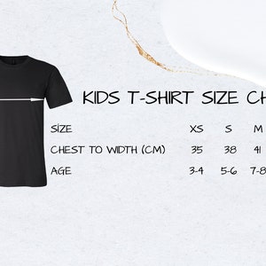 May include: Kids' t-shirt size chart with measurements in centimeters and corresponding ages.  Sizes include XS, S, M, L, and XL.