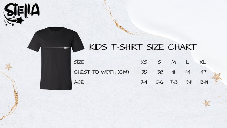 May include: Kids' t-shirt size chart with measurements in centimeters and corresponding ages.  Sizes include XS, S, M, L, and XL.