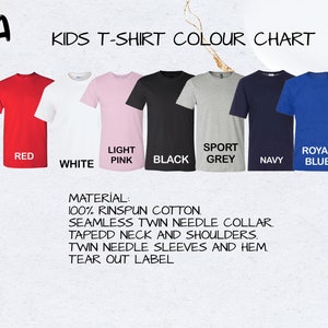 May include: Kids' t-shirt color chart showing different colors: red, white, light pink, black, sport grey, navy, and royal blue. The material is 100% ringspun cotton with a seamless twin needle collar, taped neck and shoulders, twin needle sleeves and hem, and a tear out label.