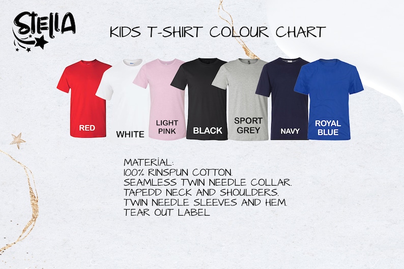 May include: Kids' t-shirt color chart showing different colors: red, white, light pink, black, sport grey, navy, and royal blue. The material is 100% ringspun cotton with a seamless twin needle collar, taped neck and shoulders, twin needle sleeves and hem, and a tear out label.