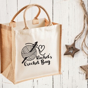 Personalised Crochet Jute Bag, Crochet Hook Needle Storage,  Custom Knitter Gift, Craft Bag, Crochet Gift, Knitting Christmas