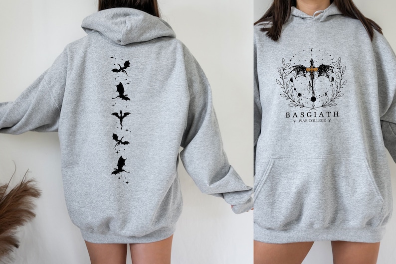 May include: Grey hooded sweatshirt with a black dragon design on the back and a black dragon with the text "BASGIATH WAR COLLARGE" on the front.