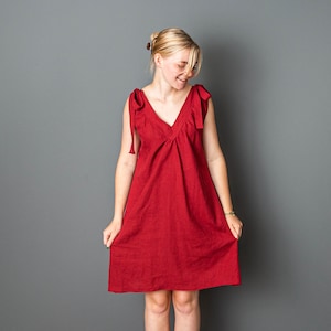 Red linen dress with elastic back and tie straps; Handmade