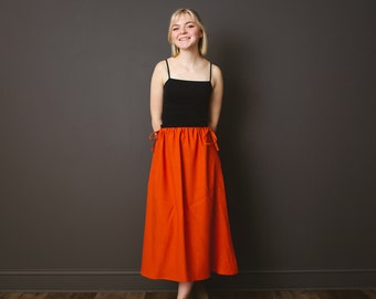 Orange Linen Adjustable Waist Skirt;Handmade