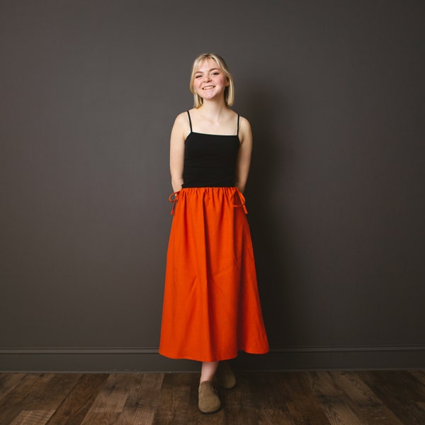 Orange Linen Adjustable Waist Skirt;Handmade