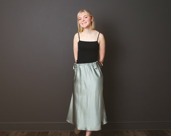 Sage Green Satin Adjustable Waist Skirt;Handmade