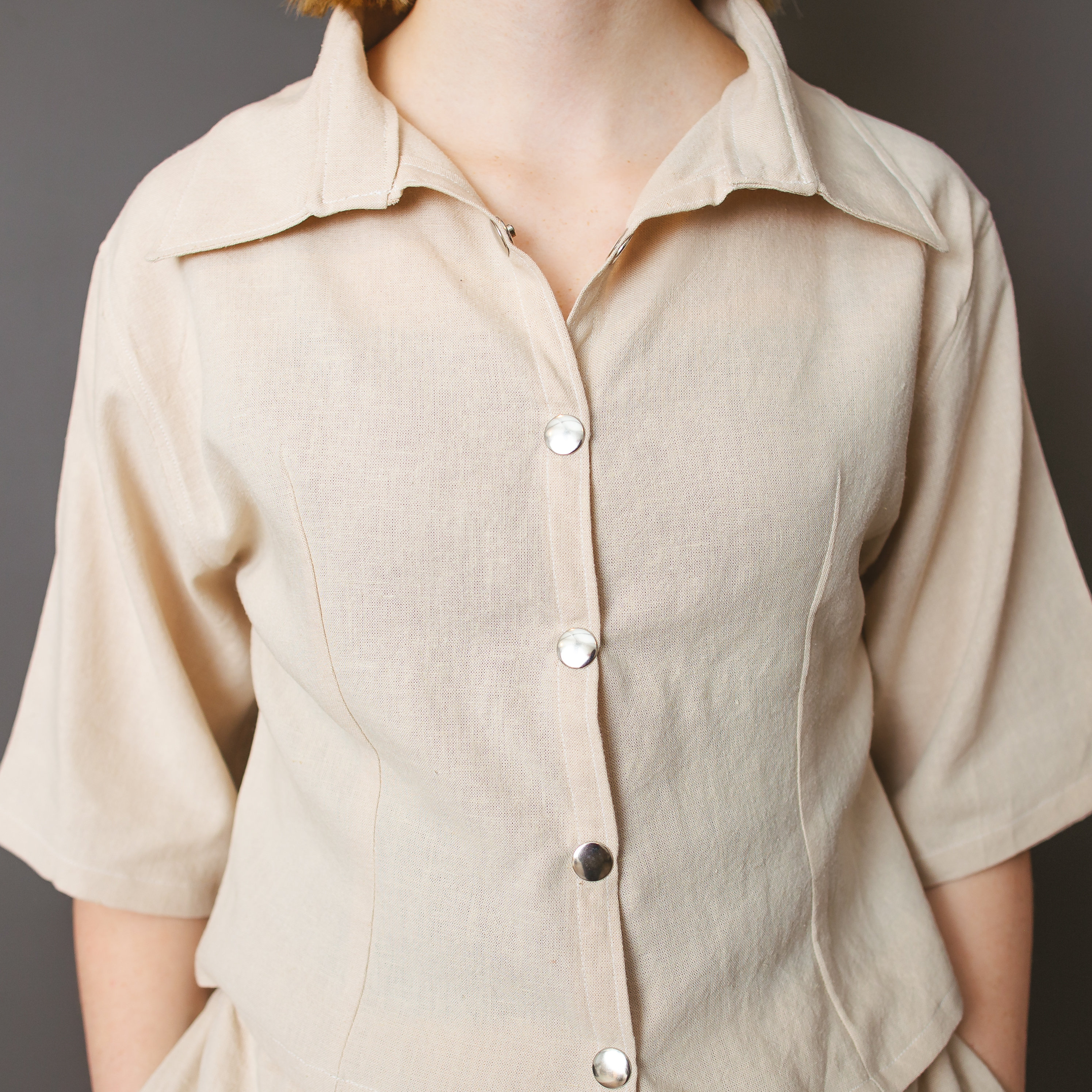 Cotton Linen Lace Lapel Button Down Short Sleeve Shirt main image 1