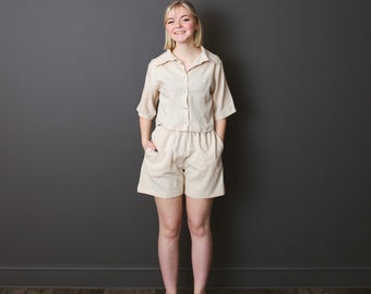 Linen Set with Short Sleeve Linen Button Up Shirt with Snap Closure and Linen Elastic Waist Pants or Shorts Option;Handmade