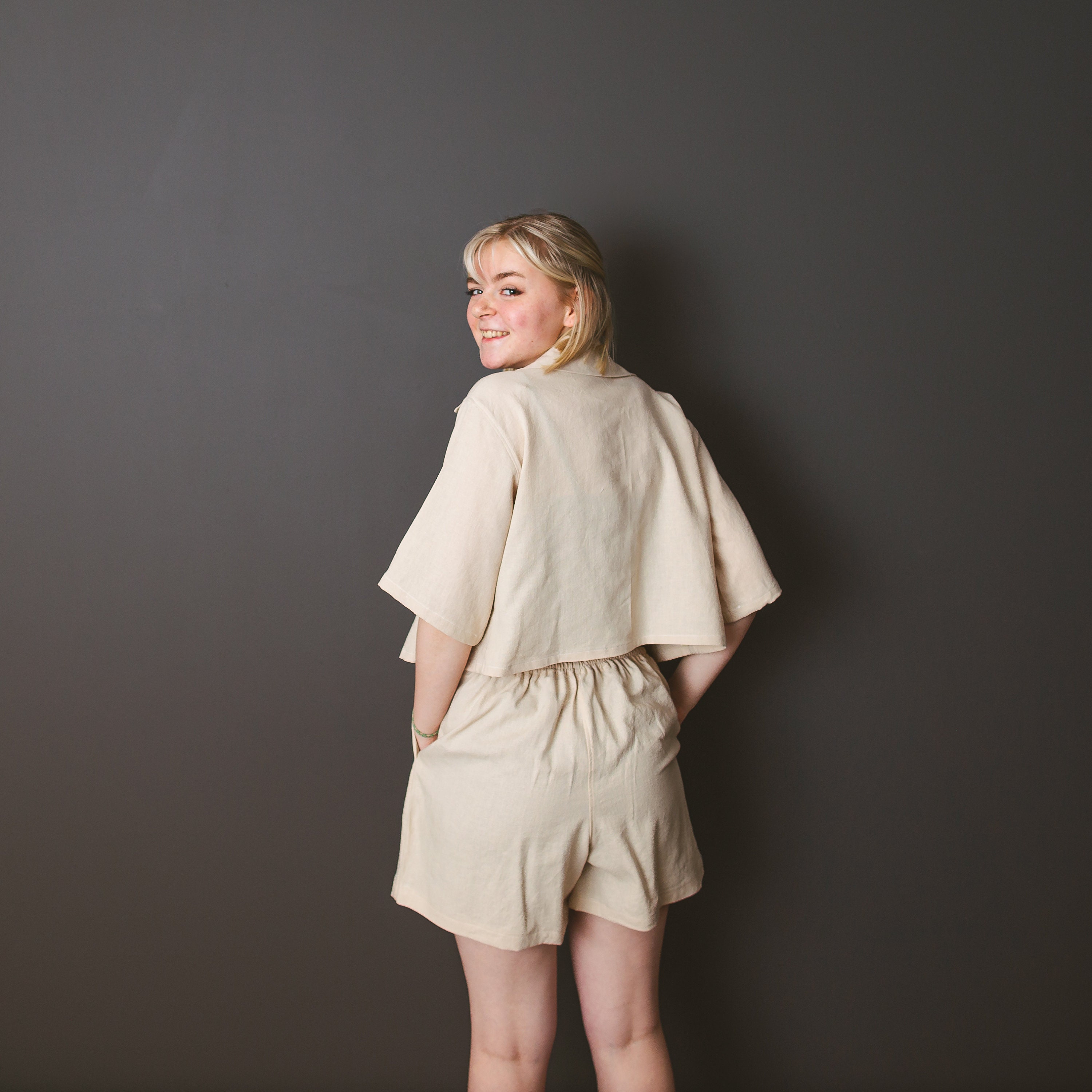 Trina Linen Blend Doodle Printed Button Up Shirt and Elastic Waist Shorts Set