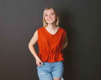 Orange Linen Adjustable Waist Shirt;Handmade