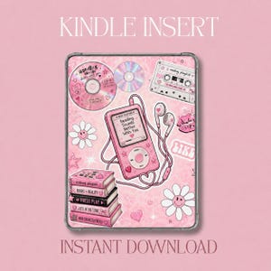 May include: A rectangular Kindle insert featuring a pink background with various illustrations including a pink music player with wired earbuds, a CD, a cassette tape, two daisy flowers, and a stack of five books with text on the spines.