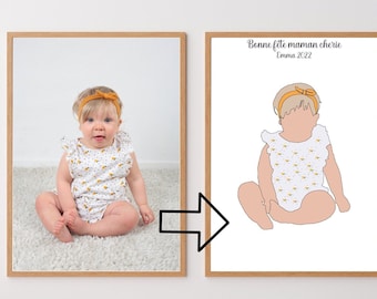 Affiche personnalisée - Portrait personnalisé - Illustration minimaliste - cadeau fête des mères - Cadeau naissance