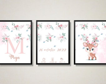 tríptico de nacimiento - carteles de nacimiento personalizados - decoración de la habitación del bebé