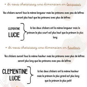 May include: Informational graphic in French explaining how to choose the size of a sticker. The text includes examples of how the length and height of the sticker affect the appearance of the text. The names "CLEMENTINE" and "LUCIE" are used as examples.