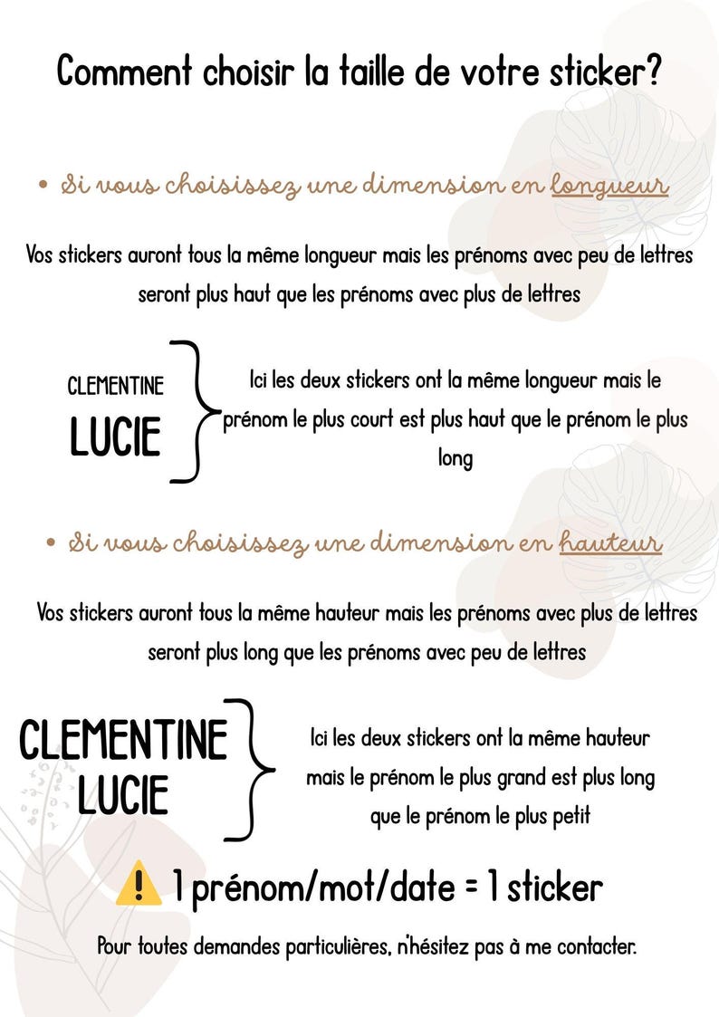 May include: Informational graphic in French explaining how to choose the size of a sticker. The text includes examples of how the length and height of the sticker affect the appearance of the text. The names "CLEMENTINE" and "LUCIE" are used as examples.
