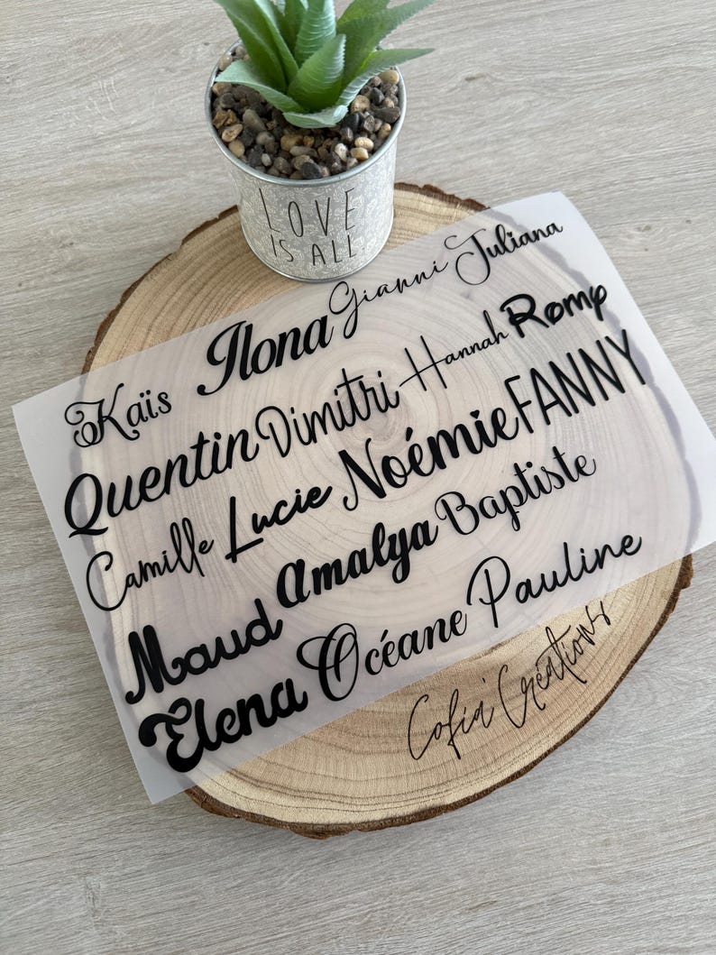 May include: A clear, rectangular sheet with black cursive names, including "Ka&iuml;s" and "Ilona", sits on a wooden slice. A small metal pot with "LOVE IS ALL" and a succulent plant is in the background. The sheet also has the text "Cofia Creations".