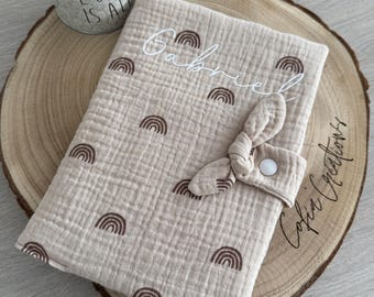 Personalized baby health record book cover – Cotton gauze newborn blanket – Embroidered name baby gift – Practical & soft accessory