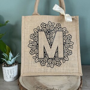 Personalized burlap bag - Initial tote bag - Mother&#39;s Day gift - Gift for Mom, Grandma, Godmother, Auntie, Nanny, Teacher