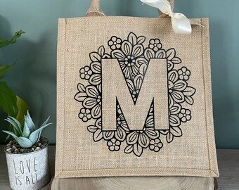 Personalized burlap bag - Initial tote bag - Mother's Day gift - Gift for Mom, Grandma, Godmother, Auntie, Nanny, Teacher