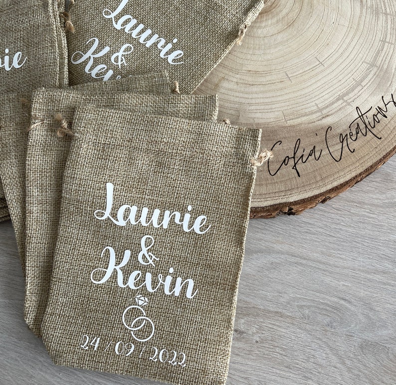 Pochon personnalisé en jute cadeau invité mariage, baptême, communion, fête image 3