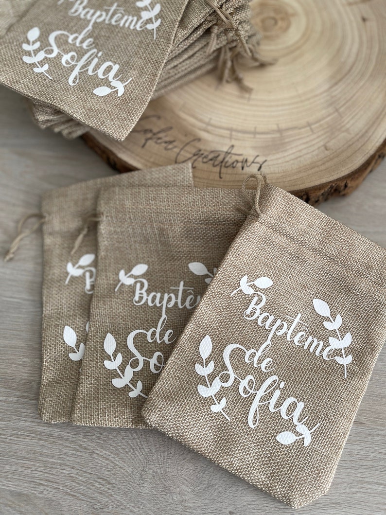 Pochon personnalisé en jute cadeau invité mariage, baptême, communion, fête image 1