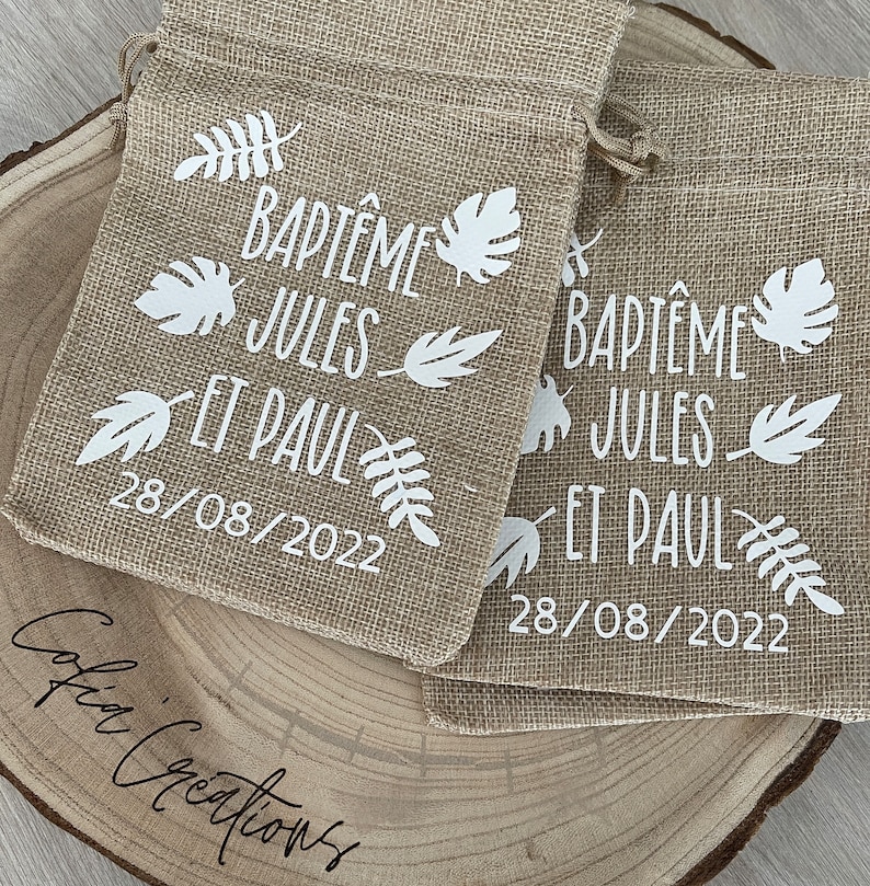 Pochon personnalisé en jute cadeau invité mariage, baptême, communion, fête image 4