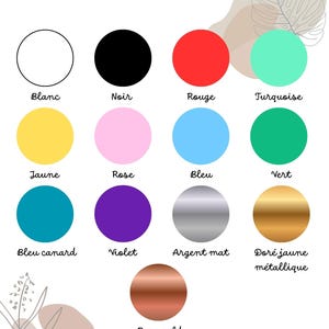 May include: Image displaying a color chart with the text "Couleurs disponibles." The chart features a variety of color swatches, including white, black, red, turquoise, yellow, pink, blue, green, teal, purple, silver, gold, and rose gold.