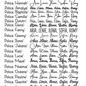 May include: A white background displays a list of available fonts. The text "Polices disponibles" is at the top. Each font name is followed by a list of font styles, such as Aria, L&eacute;nie, Ilona, Sofia, and Romy.