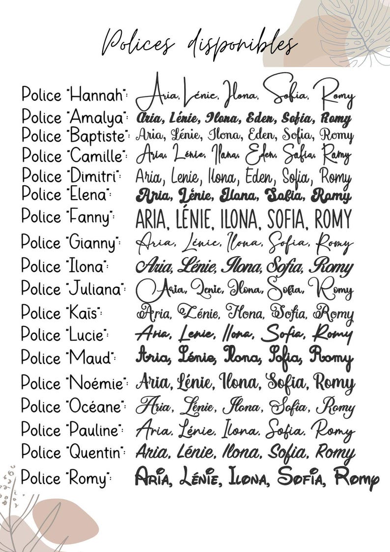 May include: A white background displays a list of available fonts. The text "Polices disponibles" is at the top. Each font name is followed by a list of font styles, such as Aria, L&eacute;nie, Ilona, Sofia, and Romy.