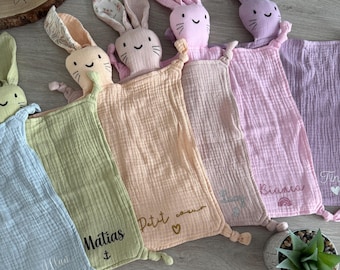 Personalized rabbit comforter - Customizable cotton gauze flat comforter - Birth gift