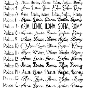 K&ouml;nnte beinhalten: Eine schwarz-wei&szlig;e &Uuml;bersicht mit achtzehn verschiedenen Schriftarten, beschriftet von Police 1 bis Police 18. Jede Zeile zeigt dieselbe Liste von Namen: Aria, L&eacute;nie, Ilona, Eden, Sofia und Romy in unterschiedlichen Schriftstilen.